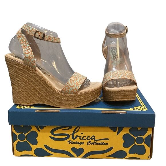 Sbicca Kimms Leather Floral Wedge Sandals Blue Tan Sz 9 New in Box - Picture 14 of 14